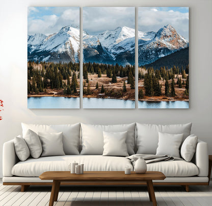 36247746-MGV-CV-36X24-Snowy Peaks Wall Art Canvas Print, Framed Alpine Lake Art Picture Print, Pine Forest Perfect Alpine Wilderness Decor Artwork
