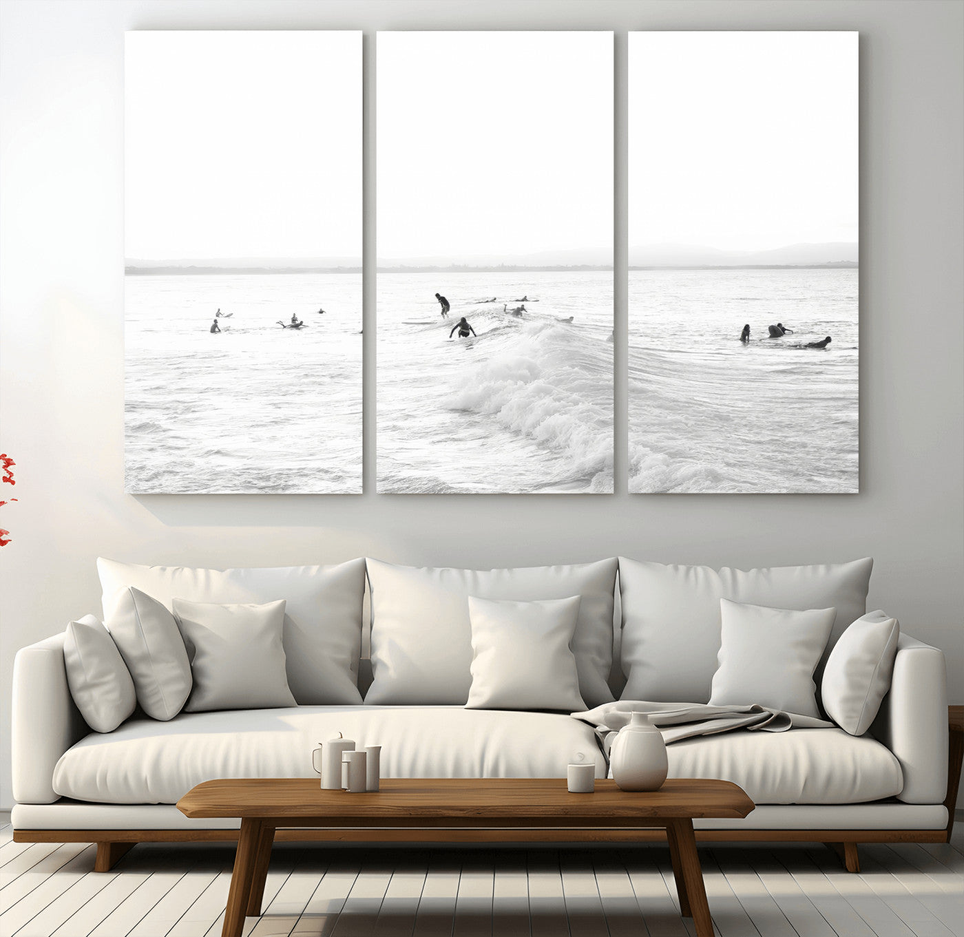 33449548-MGV-CV-36X24-Group Surfers Wall Art Canvas Print, Framed Ocean Wave Art Picture Print, Surf Crowd Perfect Monochrome Surf Decor Artwork