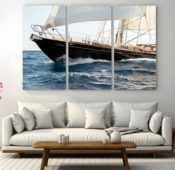97168626-MGV-CV-36X24-Sailing Yacht Wall Art Canvas Print, Framed Wooden Yacht Art Picture Print, Ocean Waves Perfect Nautical Coastal Decor Artwork
