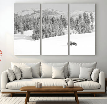 68081143-MGV-CV-36X24-Snowy Bison Wall Art Canvas Print, Framed Winter Forest Art Picture Print, Lone Bison Perfect Monochrome Winter Wild Decor Artwork