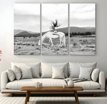 62789800-MGV-CV-36X24-White Horse Wall Art Canvas Print, Framed Woman Rider Art Picture Print, Equestrian Pose Perfect Western Boho Decor Artwork