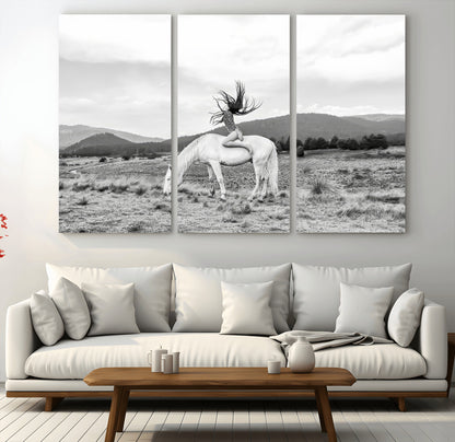 62789800-MGV-CV-36X24-White Horse Wall Art Canvas Print, Framed Woman Rider Art Picture Print, Equestrian Pose Perfect Western Boho Decor Artwork