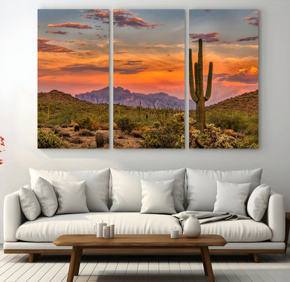 25332783-MGV-CV-36X24-Saguaro Cactus Wall Art Canvas Print, Framed Arizona Sunset Art Picture Print, Sonoran Desert Perfect Southwestern Boho Decor