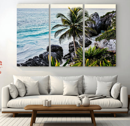 94669907-MGV-CV-36X24-Tropical Coastline Wall Art Canvas Print, Framed Palm Tree Art Picture Print, Rocky Beach Perfect Tropical Coastal Decor Artwork