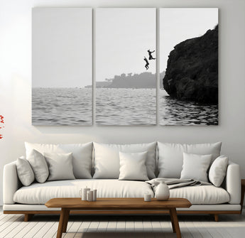 52284302-MGV-CV-36X24-Cliff Jumping Wall Art Canvas Print, Framed Ocean Adventure Art Picture Print, Black White Coast Perfect Modern Coastal Decor