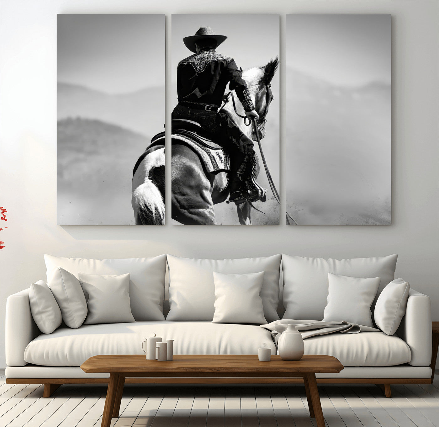 83102464-MGV-CV-36X24-Western Cowboy Wall Art Canvas Print, Framed Monochrome Horse Art Picture Print, Western Equestrian Perfect Rustic Western Decor