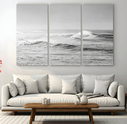 98634812-MGV-CV-36X24-Black and White Ocean Waves Wall Art – Minimalist Sea Canvas Print, Coastal Photography Decor for Living Room, Bedroom or Office