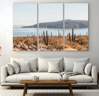 45193515-MGV-CV-36X24-Desert Cactus Wall Art Canvas Print, Framed Baja Coastline Art Picture Print, Coastal Desert Perfect Southwestern Minimalist Decor
