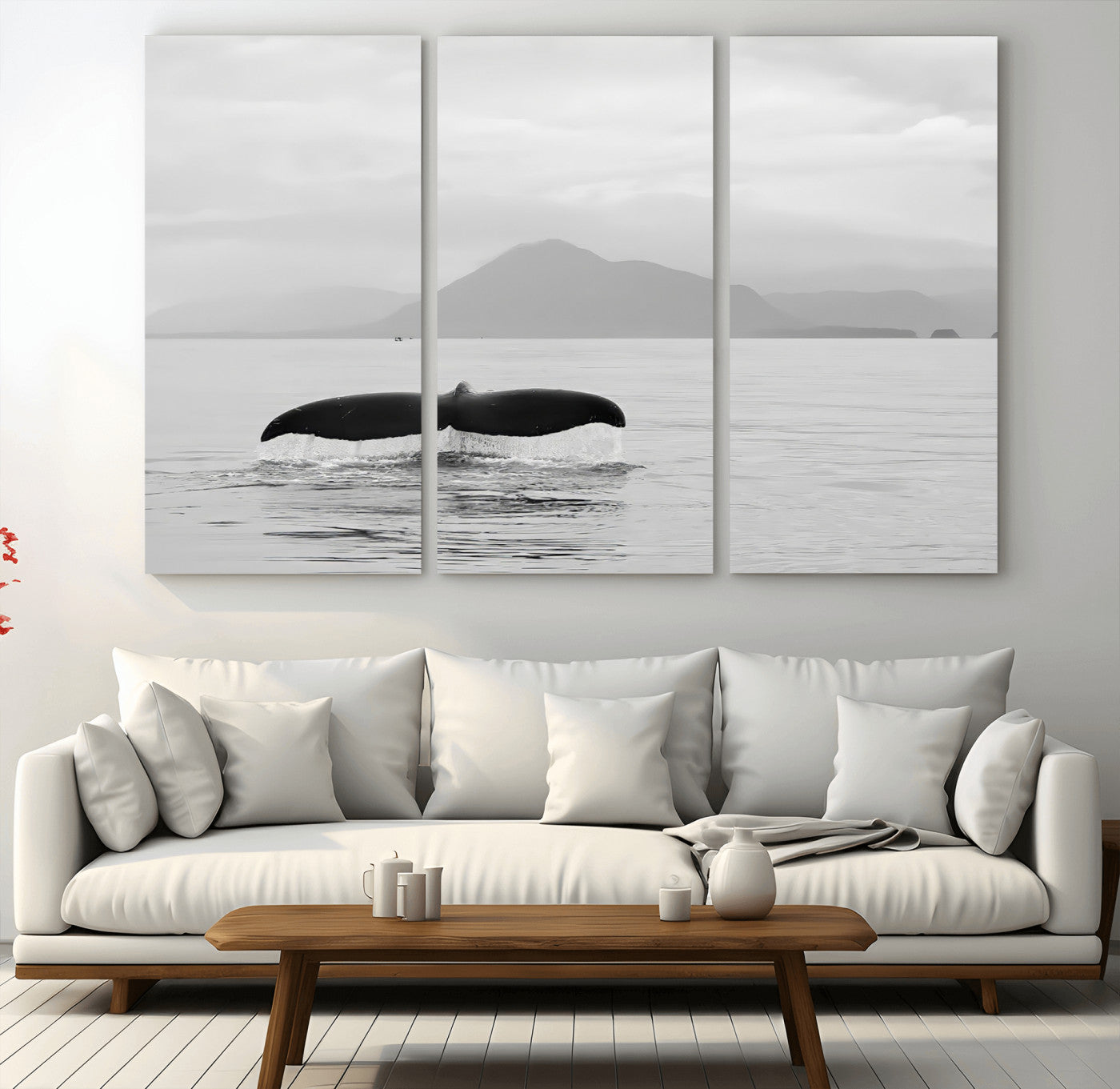 30524220-MGV-CV-36X24-Whale Tail Wall Art Canvas Print, Framed Black White Ocean Art Picture Print, Calm Marine Perfect Minimalist Coastal Decor Artwork