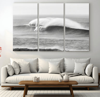 42544082-MGV-CV-36X24-Monochrome Seascape Wall Art Canvas Print, Framed Surf Wave Art Picture Print, Minimalist Ocean Perfect Moody Coastal Decor
