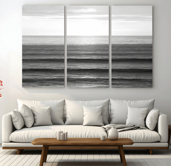 47305203-MGV-CV-36X24-Monochrome Ocean Wall Art Canvas Print, Framed Moody Ocean Art Picture Print, Calm Ocean Perfect Minimalist Coastal Decor Artwork