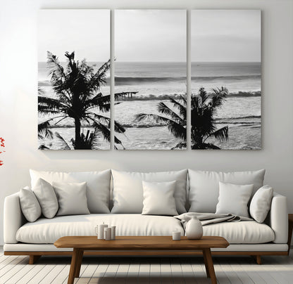 17508038-MGV-CV-36X24-Tropical Coastline Wall Art Canvas Print, Framed Palm Trees Art Picture Print, Ocean Waves Perfect Minimalist Coastal Decor