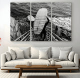 32353707-MGV-CV-36X24-Black White Surfing Wall Art Canvas Print, Framed Coastal Surfing Art Picture Print, Wave Riders Perfect Coastal Adventure Decor