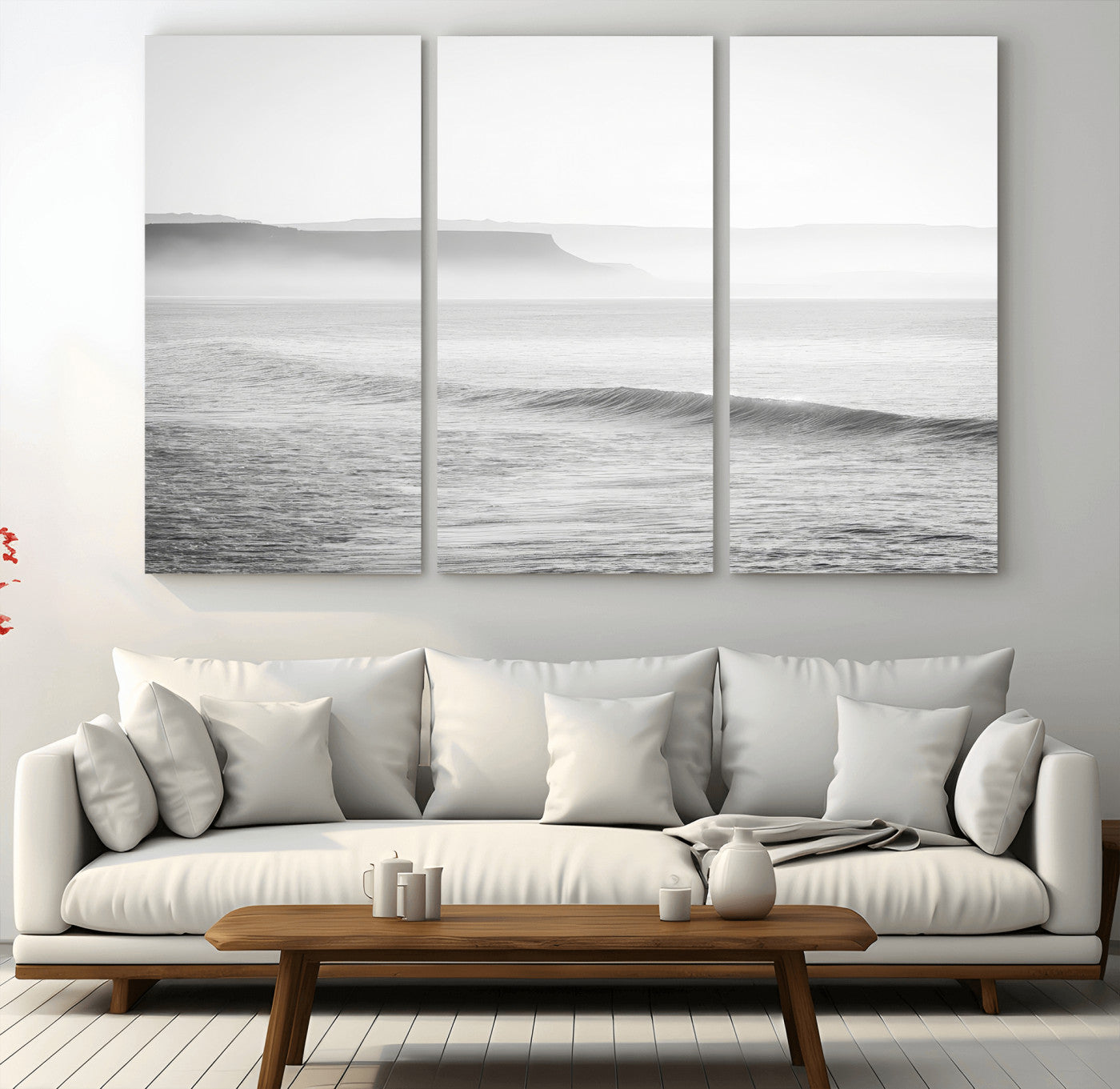 60635783-MGV-CV-36X24-Black White Seascape Wall Art Canvas Print, Framed Ocean Waves Art Picture Print, Misty Coastal Perfect Minimalist Coastal Decor