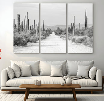 35537313-MGV-CV-36X24-Monochrome Desert Wall Art Canvas Print, Framed Cactus Path Art Picture Print, Southwestern Landscape Perfect Southwestern