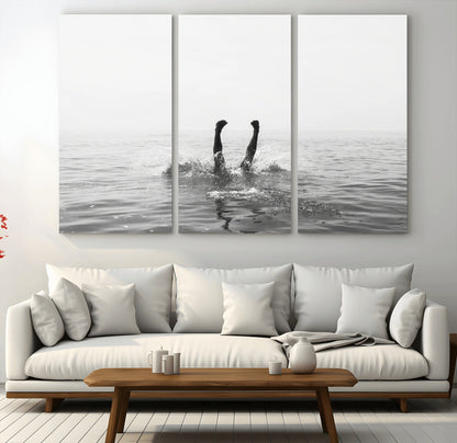 26667396-MGV-CV-36X24-Black White Ocean Wall Art Canvas Print, Framed Monochrome Water Art Picture Print, Diving into Water Perfect Minimalist Aquatic