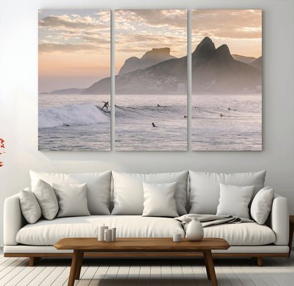 70644906-MGV-CV-36X24-Sunset Surfing Wall Art Canvas Print, Framed Misty Mountains Art Picture Print, Surfer Riding Wave Perfect Coastal Adventure Decor