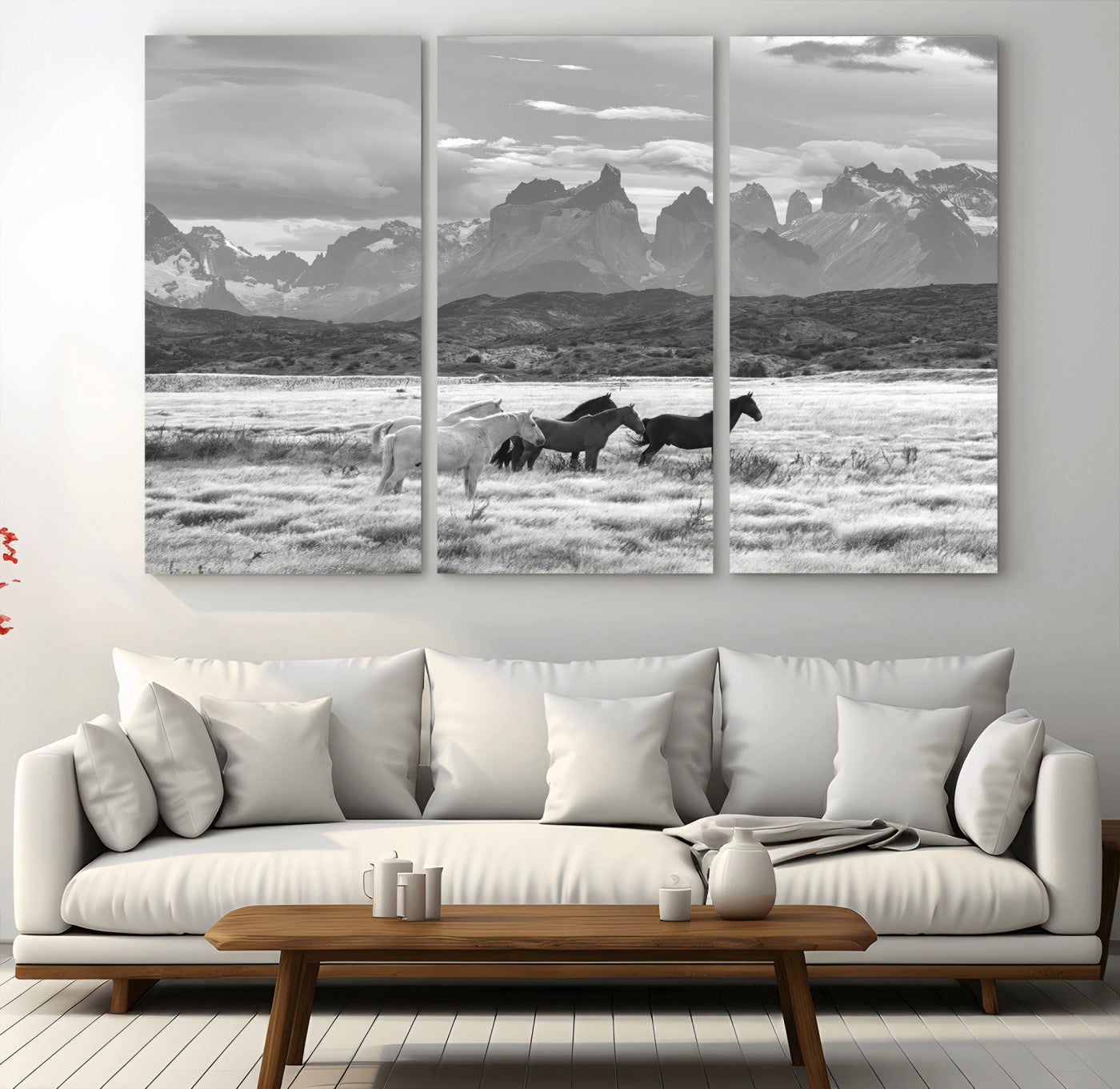 21655040-MGV-CV-36X24-Wild Horses Wall Art Canvas Print, Framed Black White Mountains Art Picture Print, Rustic Countryside Perfect Rustic Western Decor