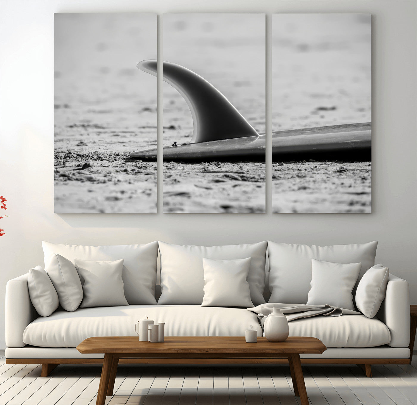 62314230-MGV-CV-36X24-Black White Surfboard Wall Art Canvas Print, Framed Minimalist Beach Art Picture Print, Surf Fin Perfect Minimalist Coastal Decor