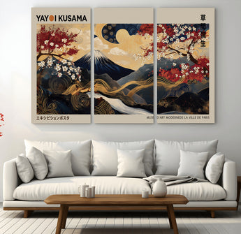 54967195-MGV-CV-36X24-Mount Fuji Wall Art – Japanese Cherry Blossom Abstract Canvas Print, Navy Gold Landscape Painting, Oriental Luxury Home Decor