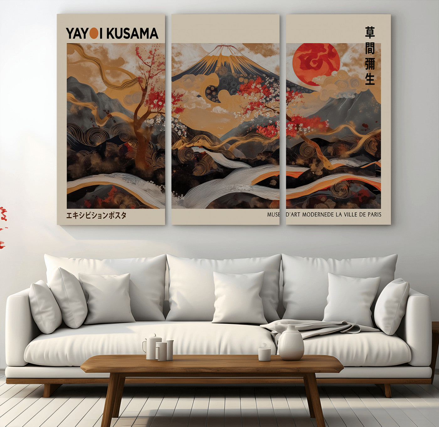 77970791-MGV-CV-36X24-Mount Fuji Golden Abstract Wall Art – Japanese Landscape Canvas Poster, Cherry Blossom & Red Sun Painting, Elegant Zen Oriental