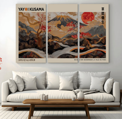 77970791-MGV-CV-36X24-Mount Fuji Golden Abstract Wall Art – Japanese Landscape Canvas Poster, Cherry Blossom & Red Sun Painting, Elegant Zen Oriental