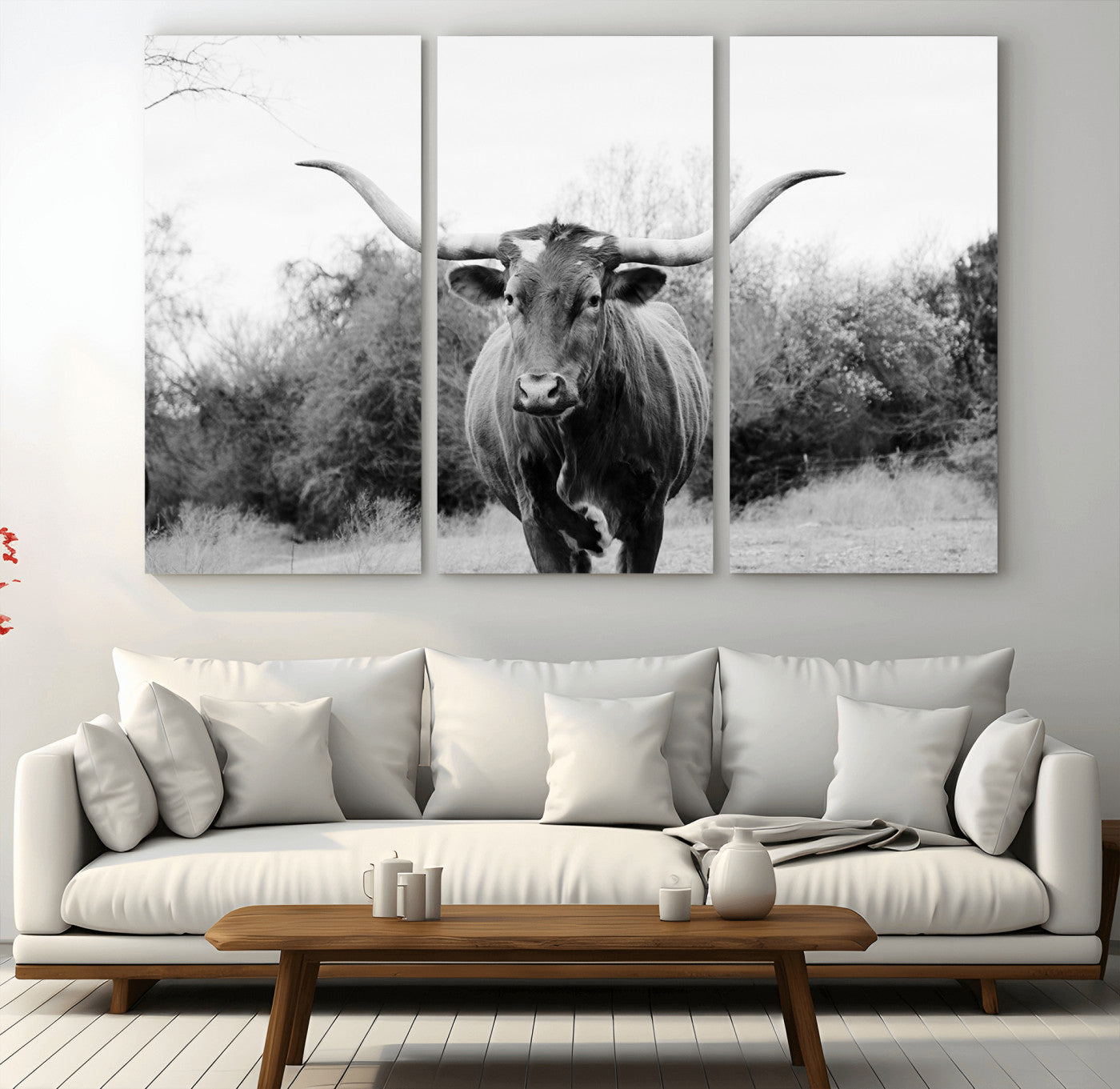 97280319-MGV-CV-36X24-Longhorn Photography Wall Art Canvas Print, Framed Western Cow Decor Art Picture Print, Texas Ranch Style Perfect Rustic Farmhouse