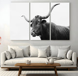 99244177-MGV-CV-36X24-Longhorn Photography Wall Art Canvas Print, Framed Western Cow Decor Art Picture Print, Black White Bull Perfect Modern Rustic