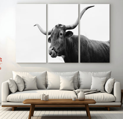 99244177-MGV-CV-36X24-Longhorn Photography Wall Art Canvas Print, Framed Western Cow Decor Art Picture Print, Black White Bull Perfect Modern Rustic