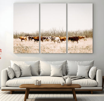 12454132-MGV-CV-36X24-Cow Herd Photography Wall Art Canvas Print, Framed Rustic Farmhouse Decor Art Picture Print, Western Ranch Style Perfect Rustic