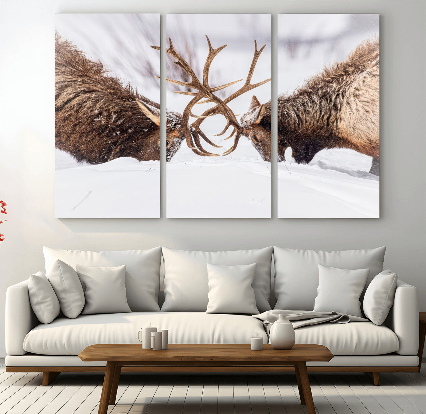36507609-MGV-CV-48X32-3P-Elk Clash Scene Wall Art Canvas Print, Framed Wildlife Strength Decor Art Picture Print, Snowy Forest Elk Perfect Rustic Lodge