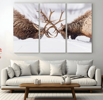 36507609-MGV-CV-48X32-3P-Elk Clash Scene Wall Art Canvas Print, Framed Wildlife Strength Decor Art Picture Print, Snowy Forest Elk Perfect Rustic Lodge