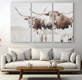 48161868-MGV-CV-36X24-Longhorn Cow Decor Wall Art Canvas Print, Framed Rustic Cattle Art Picture Print, Sepia Western Vibe Perfect Neutral Rustic