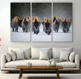 41669135-MGV-CV-36X24-Bison Herd Scene Wall Art Canvas Print, Framed Rustic Wildlife Decor Art Picture Print, Snowy Bison Landscape Perfect Rustic