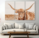 74406977-MGV-CV-48X32-3P-Longhorn Bull Decor Wall Art Canvas Print, Framed Western Cow Theme Art Picture Print, Rustic Farmhouse Wall Perfect Neutral