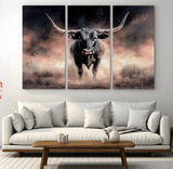 71457818-MGV-CV-36X24-Longhorn Wall Art Wall Art Canvas Print, Framed Western Bull Canvas Art Picture Print, Rustic Cow Decor Perfect Western Dramatic