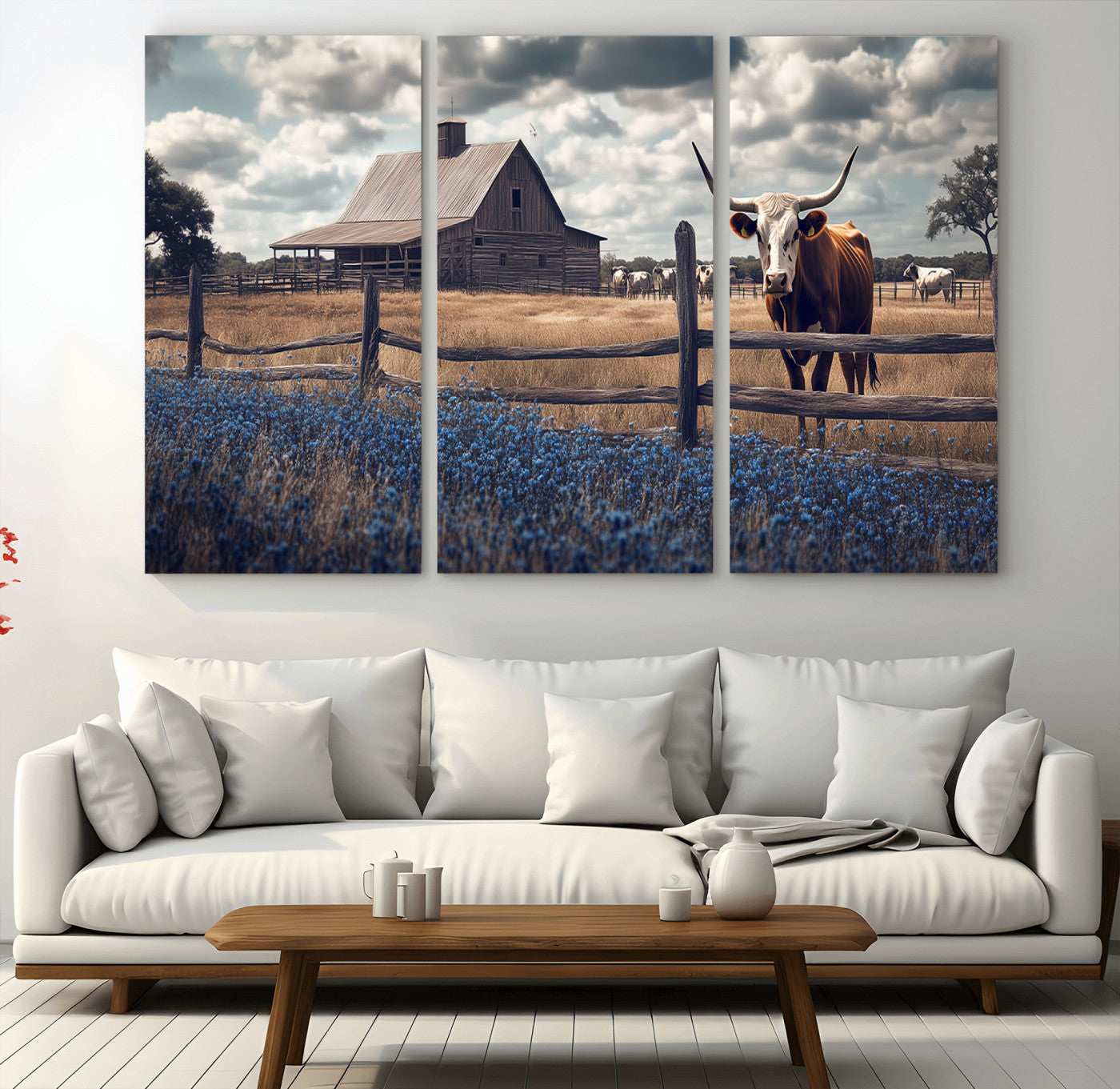 51092814-MGV-CV-36X24-Texas Longhorn Wall Art Wall Art Canvas Print, Framed Rustic Barn Canvas Art Picture Print, Farmhouse Cow Decor Perfect Rustic