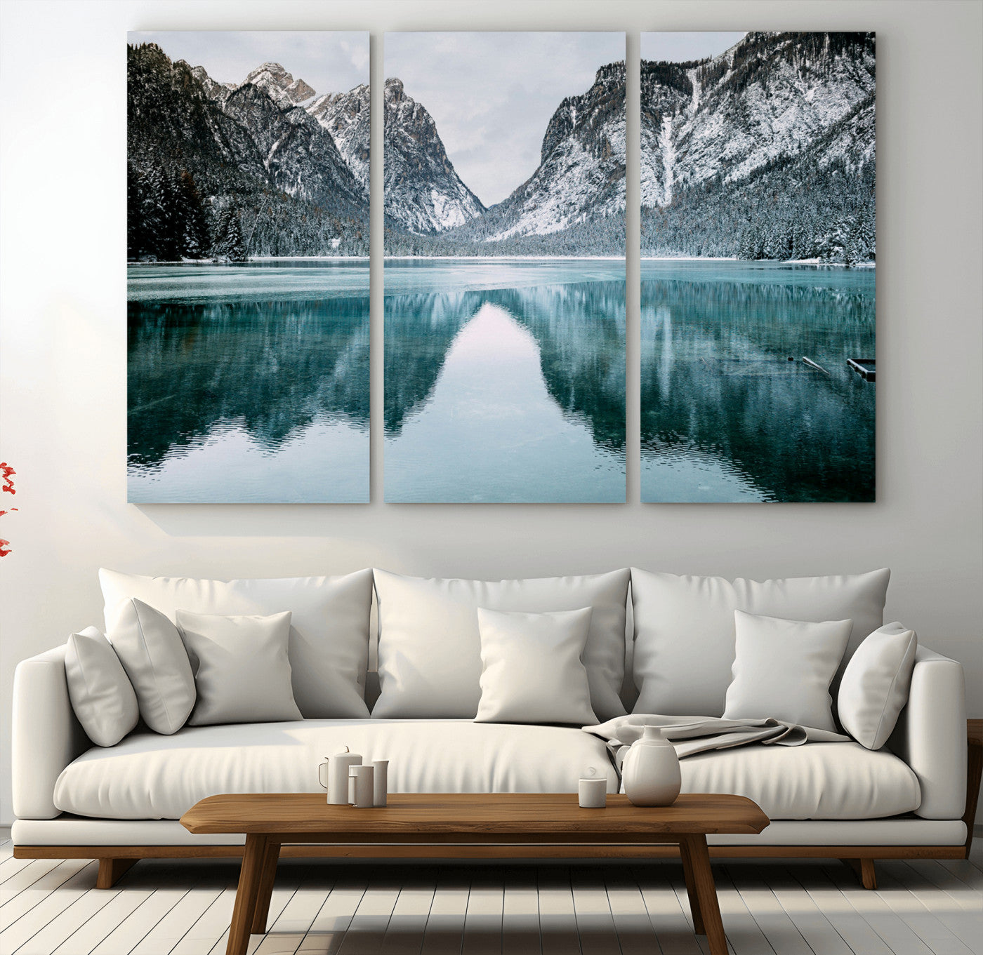 73098373-MGV-CV-36X24-Mountain Lake Wall Art Canvas Print, Framed Winter Wonderland Art Picture Print, Snowy Peaks Perfect Modern Nature Decor Artwork