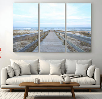 31602988-MGV-CV-36X24-Beach Boardwalk Wall Art Canvas Print, Framed Coastal Serenity Art Picture Print, Ocean View Perfect Coastal Minimalist Decor