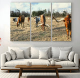 39144651-MGV-CV-36X24-Texas Longhorns Wall Art Canvas Print, Framed Rustic Farm Scene Art Picture Print, Western Cattle Perfect Rustic Farmhouse Decor