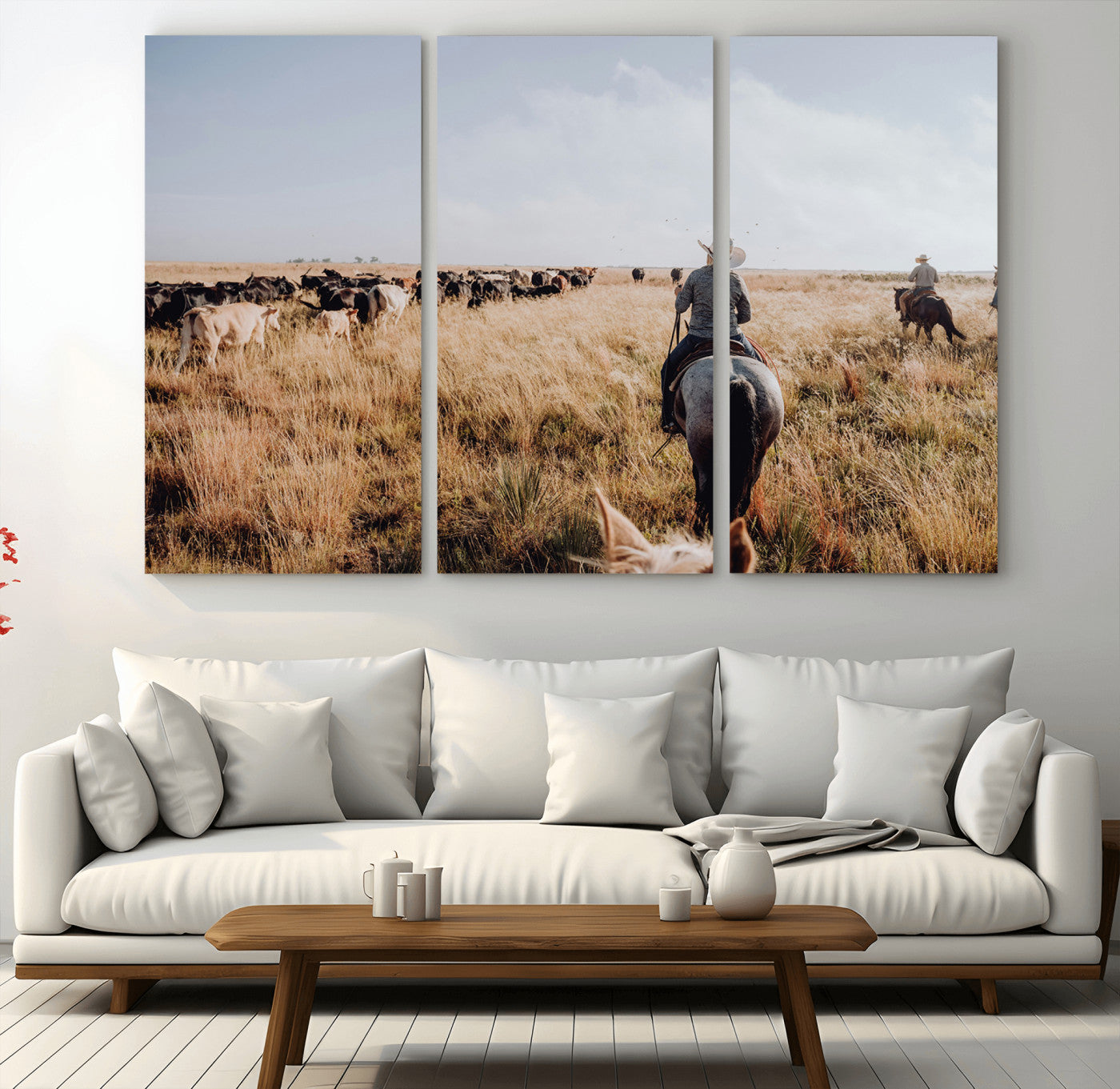 22431577-MGV-CV-36X24-Western Wall Art Wall Art Canvas Print, Framed Cowboy Canvas Art Picture Print, Cattle Drive Scene Perfect Rustic Western Decor