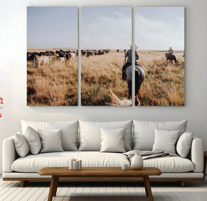 22431577-MGV-CV-36X24-Western Wall Art Wall Art Canvas Print, Framed Cowboy Canvas Art Picture Print, Cattle Drive Scene Perfect Rustic Western Decor