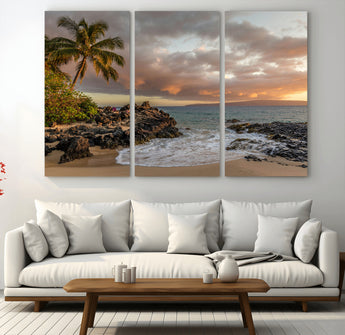 55108220-MGV-CV-36X24-Tropical Beach Wall Art Canvas Print, Framed Hawaiian Sunset Art Picture Print, Ocean Waves Perfect Coastal Tropical Decor Artwork
