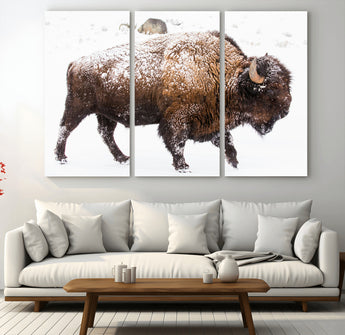 94261165-MGV-CV-36X24-Snowy Buffalo Wall Art Canvas Print, Framed Wildlife Photography Art Picture Print, Brown Tones Perfect Rustic Lodge Decor Decor