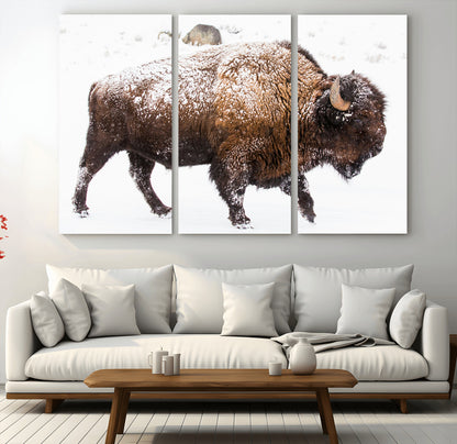94261165-MGV-CV-36X24-Snowy Buffalo Wall Art Canvas Print, Framed Wildlife Photography Art Picture Print, Brown Tones Perfect Rustic Lodge Decor Decor