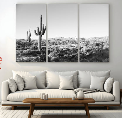85205054-MGV-CV-36X24-Saguaro Cactus Wall Art Canvas Print, Framed Monochrome Landscape Art Picture Print, Scenic Arizona View Perfect Minimalist