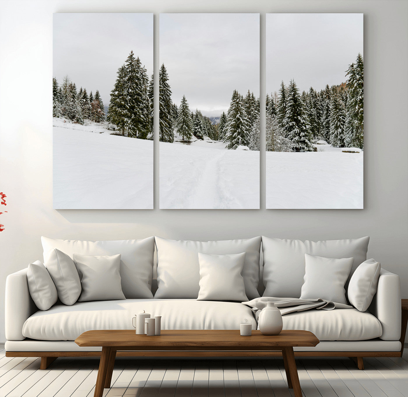 24581417-MGV-CV-36X24-Frosty Pines Wall Art Canvas Print, Framed Silent Snowfall Art Picture Print, Cozy Cabin Vibes Perfect Nordic Minimalist Decor