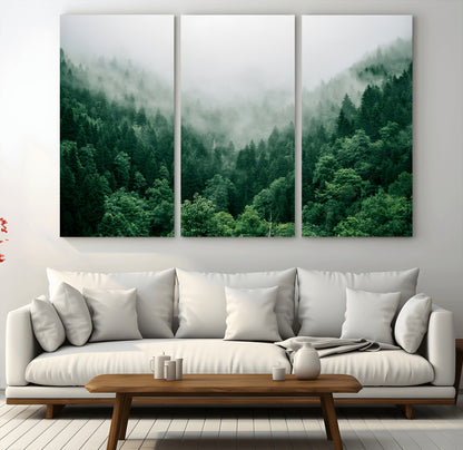 45265379-MGV-CV-36X24-Misty Forest Wall Art – Green Mountain Pine Tree Landscape Canvas Print, Nature Photography Artwork Home Decor for Bedroom, Living