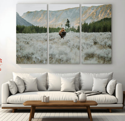 41674074-MGV-CV-36X24-Bison Wall Art – American Buffalo Wildlife Photography Canvas Print, Western Mountain Landscape Artwork Rustic Nature Decor for