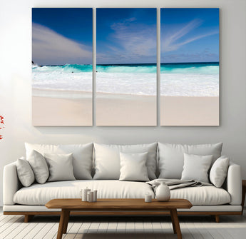 55017356-MGV-CV-36X24-Ocean Beach Wall Art – Turquoise Wave and White Sand Shoreline Canvas Print, Coastal Seascape Photography Decor for Living Room,